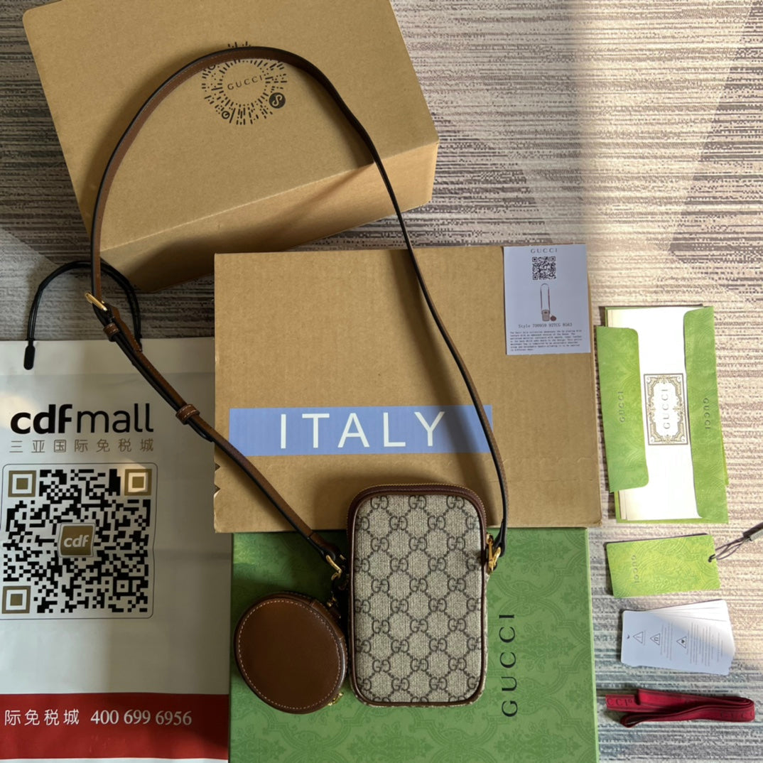 Gucci Mini Bag 17 in Brown Calfskin and Beige Canvas