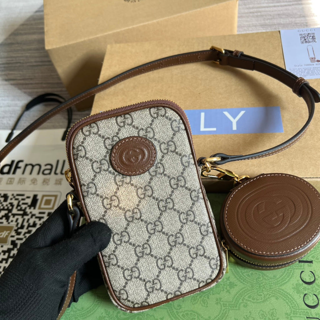 Gucci Mini Bag 17 in Brown Calfskin and Beige Canvas