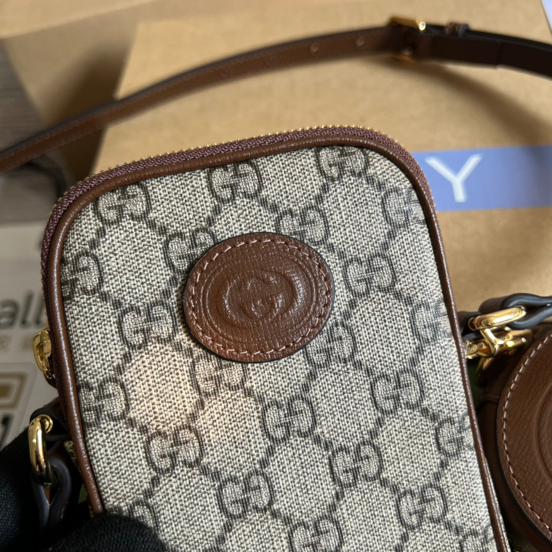 Gucci Mini Bag 17 in Brown Calfskin and Beige Canvas