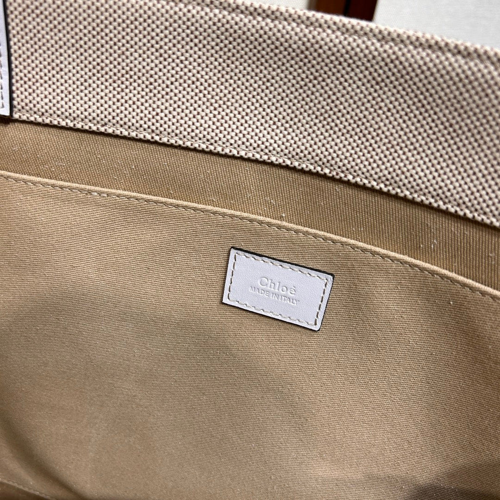 Lagre Woody Tote Bag 45 in Beige Linen Canvas Black Webbing Logo Embroider White Calfskin