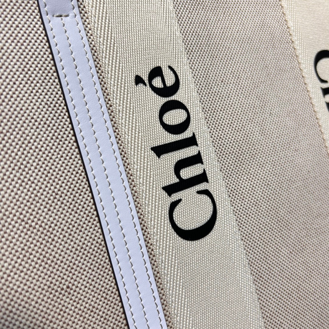 Lagre Woody Tote Bag 45 in Beige Linen Canvas Black Webbing Logo Embroider White Calfskin