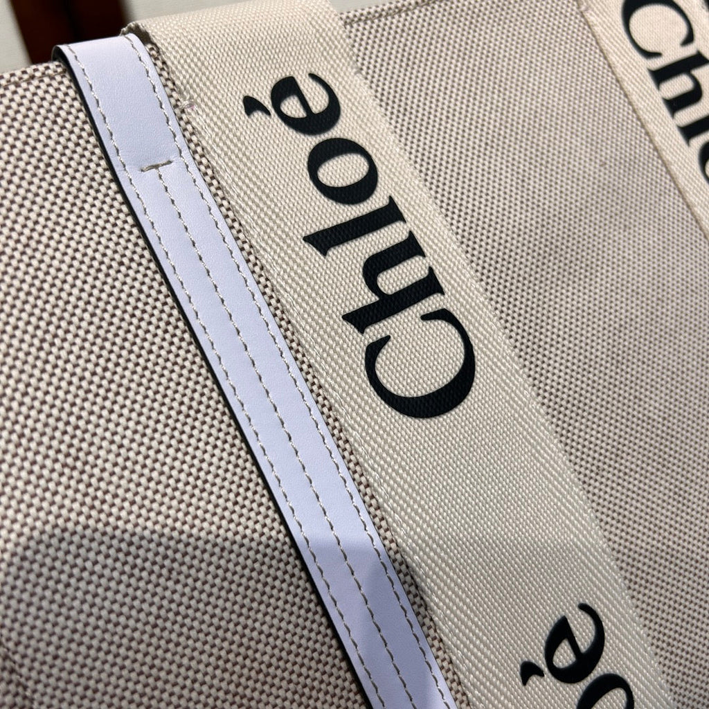 Medium Woody Tote Bag 37 in Beige Linen Canvas Webbing Black Logo Embroider White Calfskin