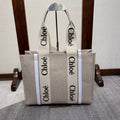 Medium Woody Tote Bag 37 in Beige Linen Canvas Webbing Black Logo Embroider White Calfskin