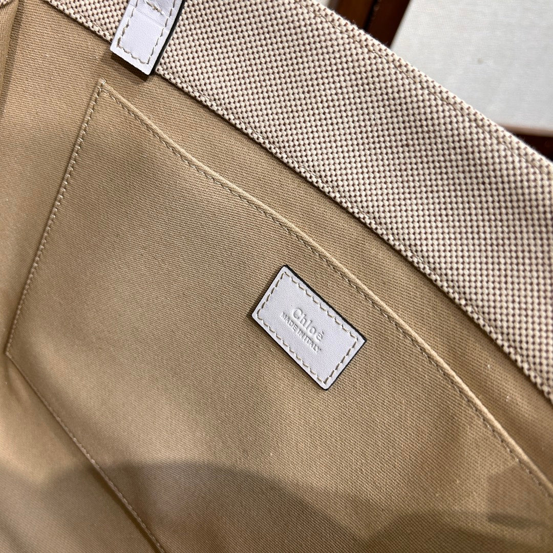 Medium Woody Tote Bag 37 in Beige Linen Canvas Webbing Black Logo Embroider White Calfskin