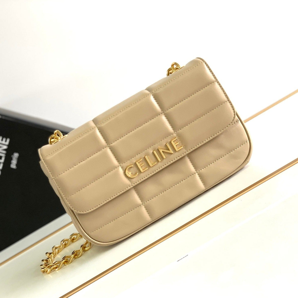 Celine Monochrome 24 Quilted Beige Cream Lambskin Chain Shouder Bag