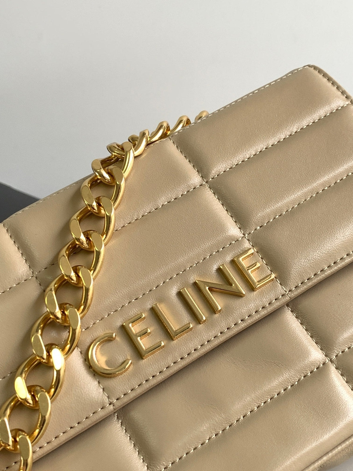 Celine Monochrome 24 Quilted Beige Cream Lambskin Chain Shouder Bag