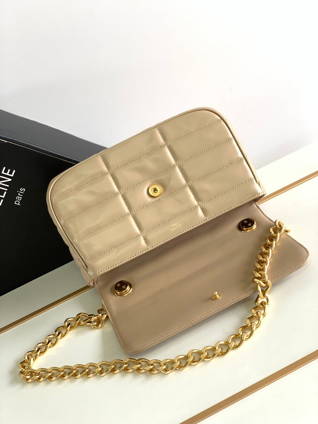 Celine Monochrome 24 Quilted Beige Cream Lambskin Chain Shouder Bag