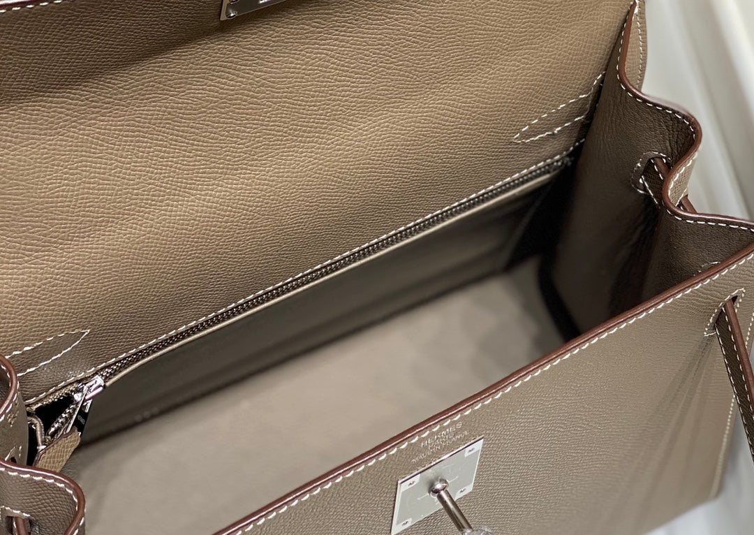 Hermes Kelly 28cm in Etoupe Epsom Calfskin Sliver Hardware Bag