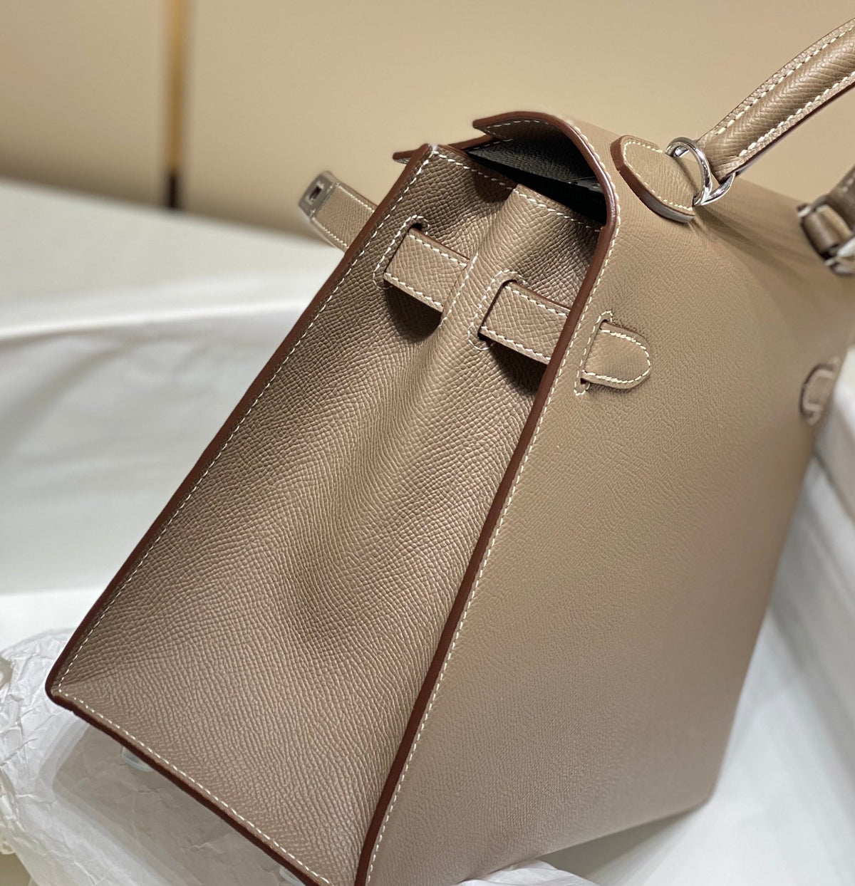 Hermes Kelly 28cm in Etoupe Epsom Calfskin Sliver Hardware Bag