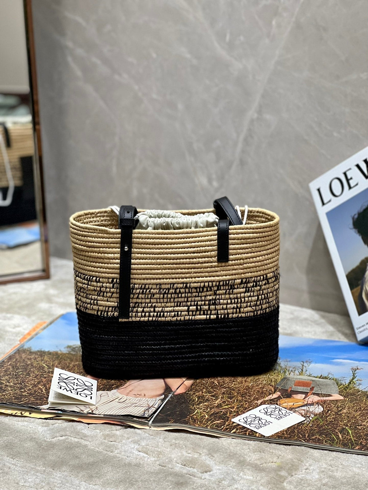 Loewe Basket Bag 28 in Natural Mix Black Raffia