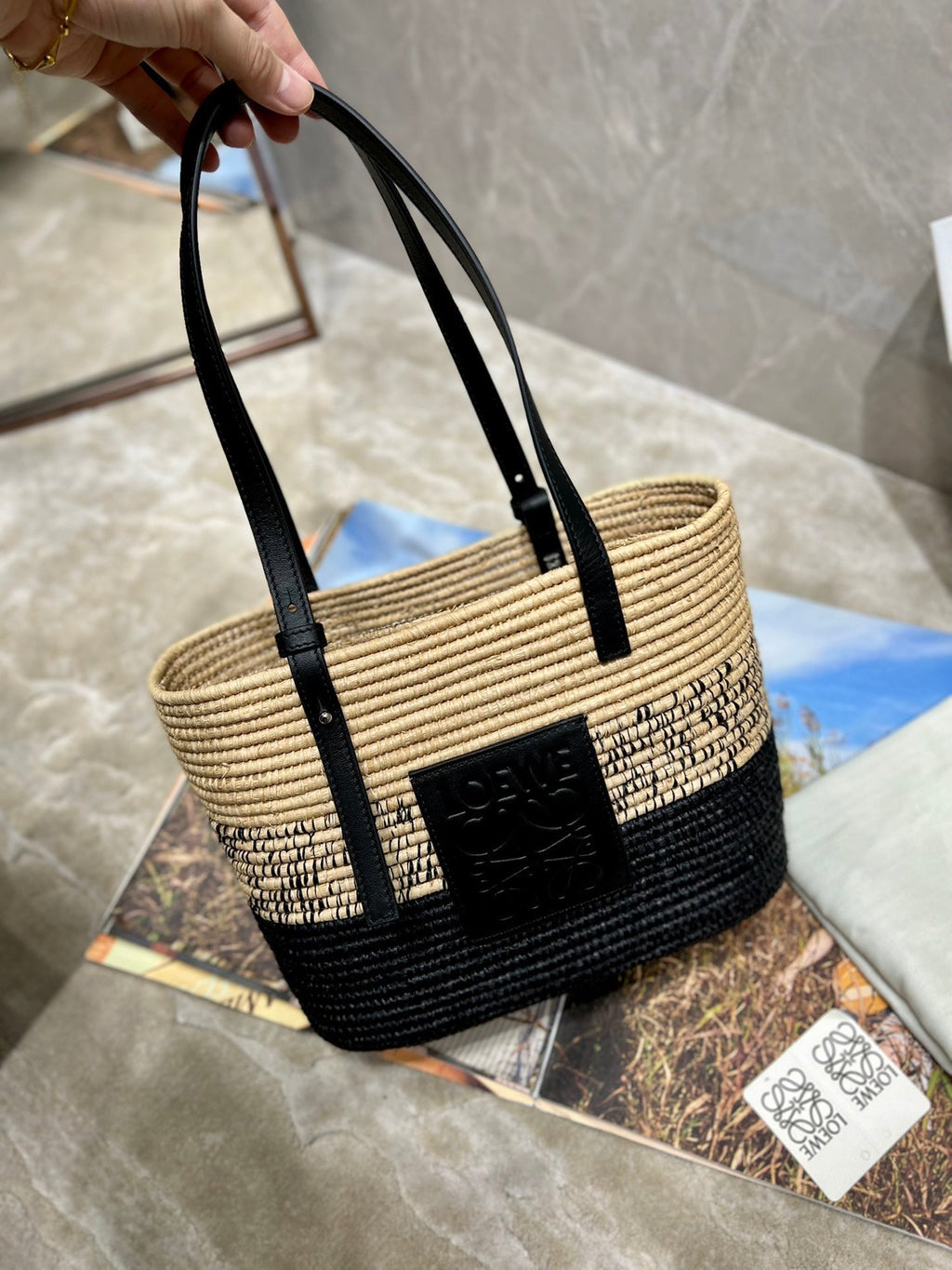 Loewe Basket Bag 28 in Natural Mix Black Raffia