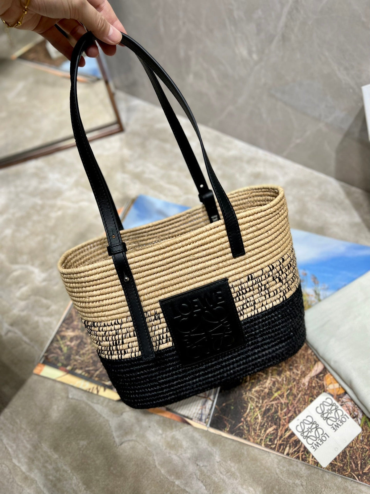 Loewe Basket Bag 28 in Natural Mix Black Raffia