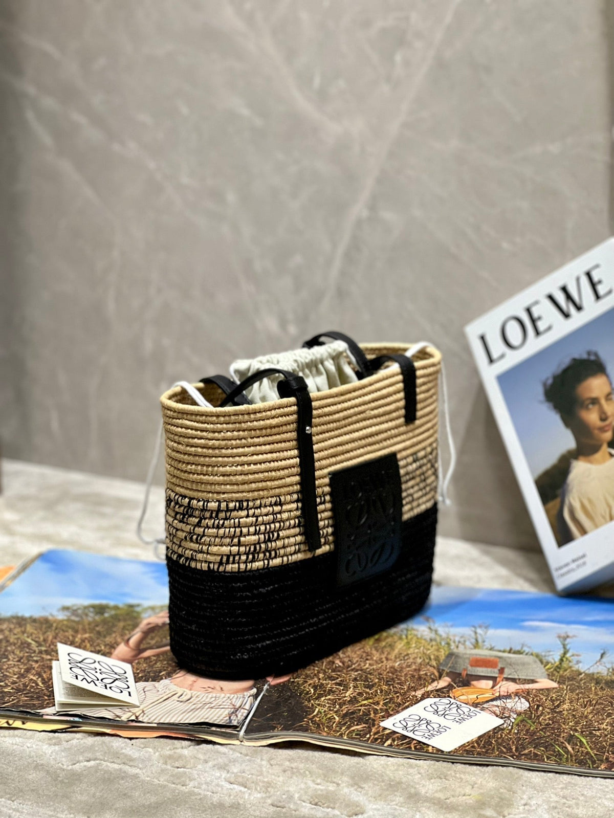 Loewe Basket Bag 28 in Natural Mix Black Raffia
