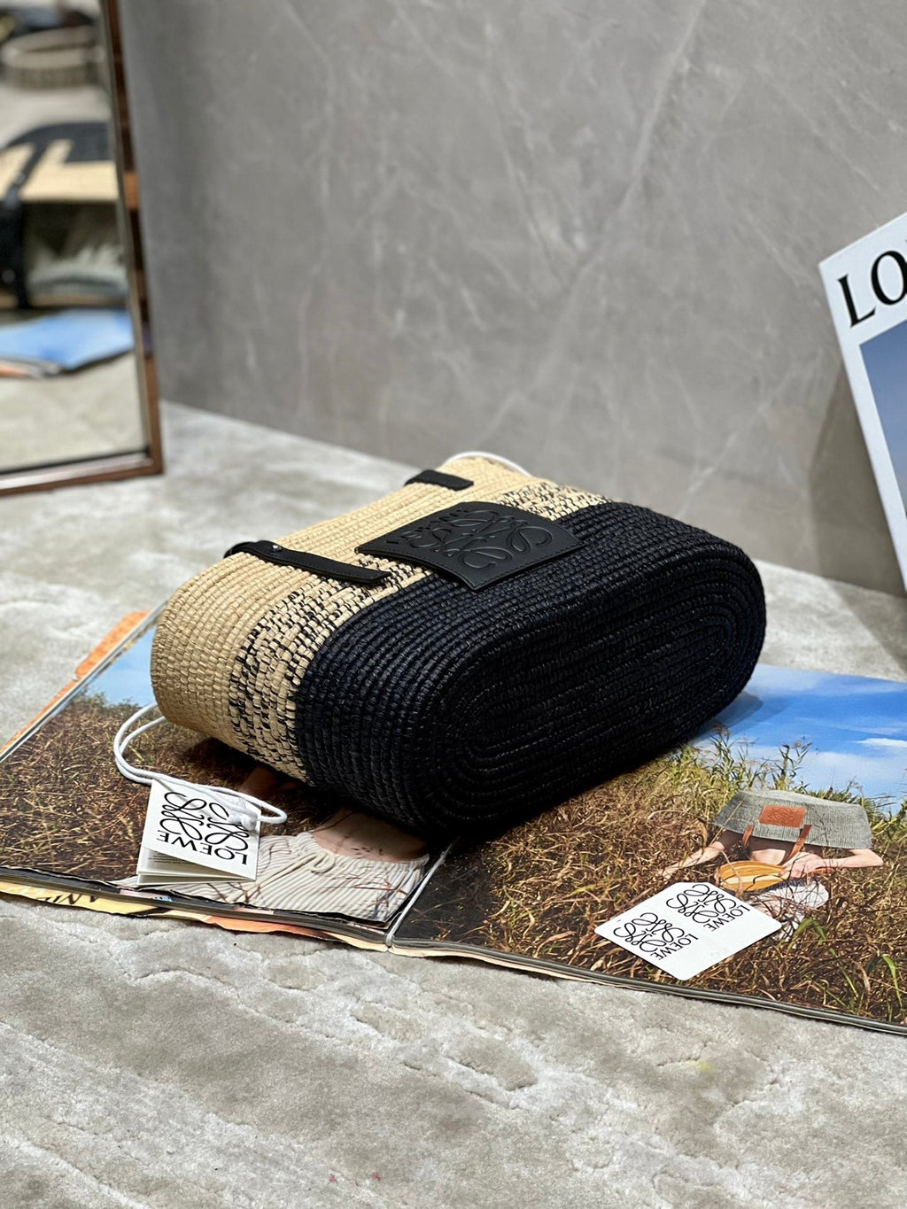 Loewe Basket Bag 28 in Natural Mix Black Raffia