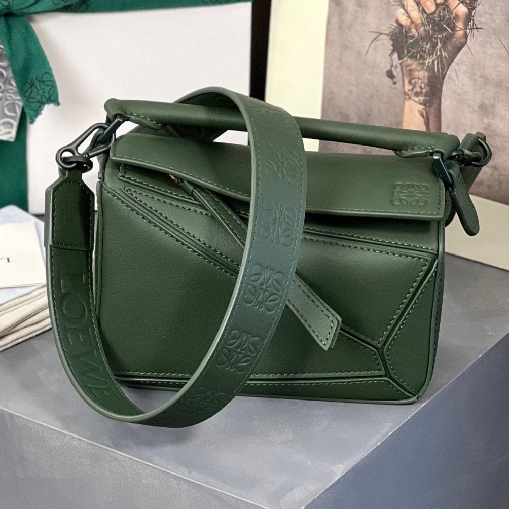 Loewe Mini 18 Puzzle Bag in Bottle Green Satin Calfskin