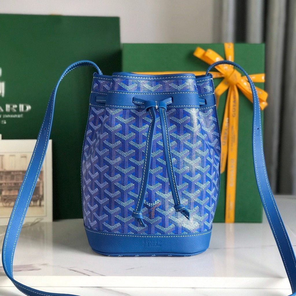 Goyard Petit Flot Bucket Bag 22 in Sapphire Blue Goyardine Canvas and Lambskin Trim