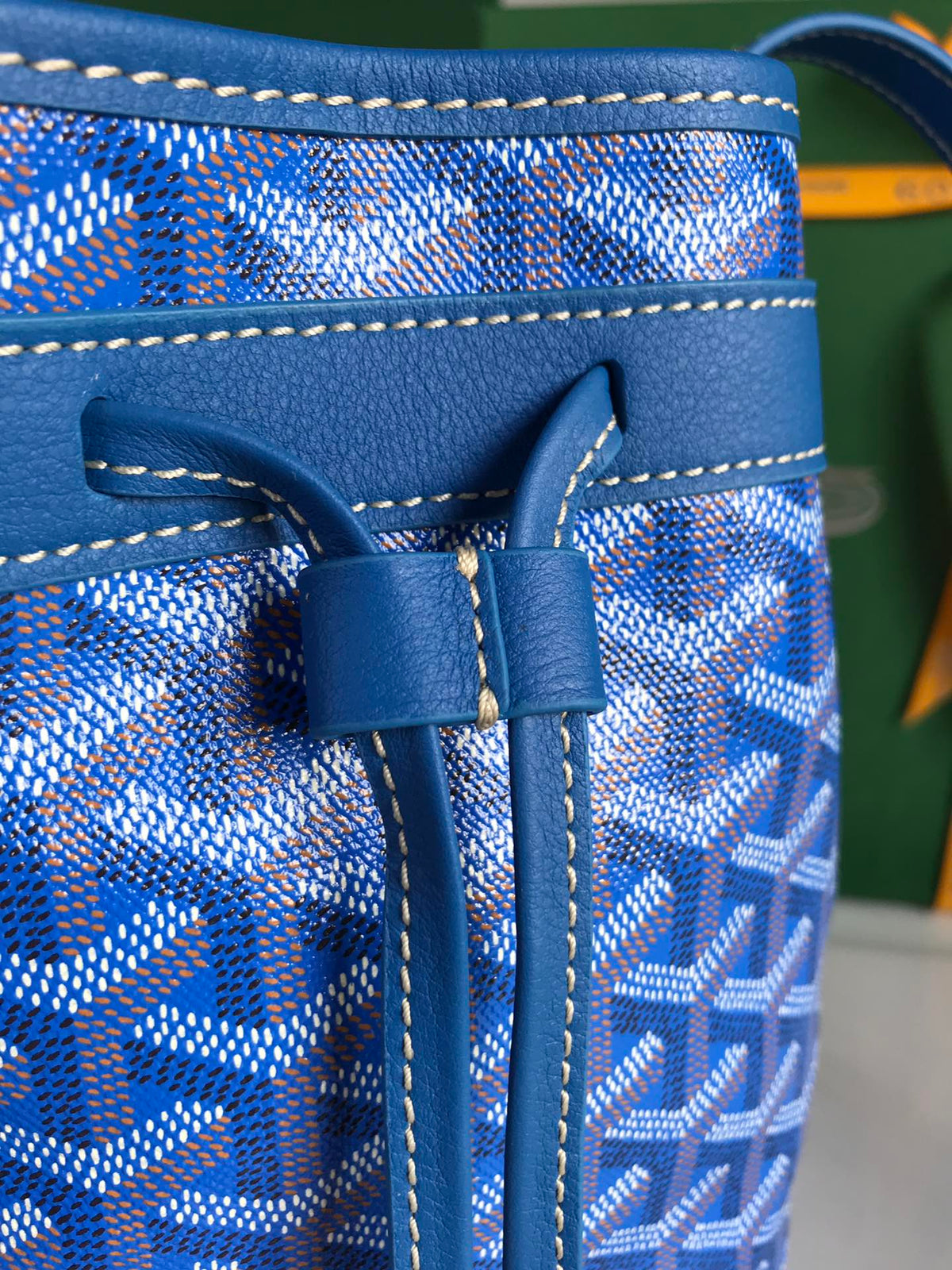 Goyard Petit Flot Bucket Bag 22 in Sapphire Blue Goyardine Canvas and Lambskin Trim
