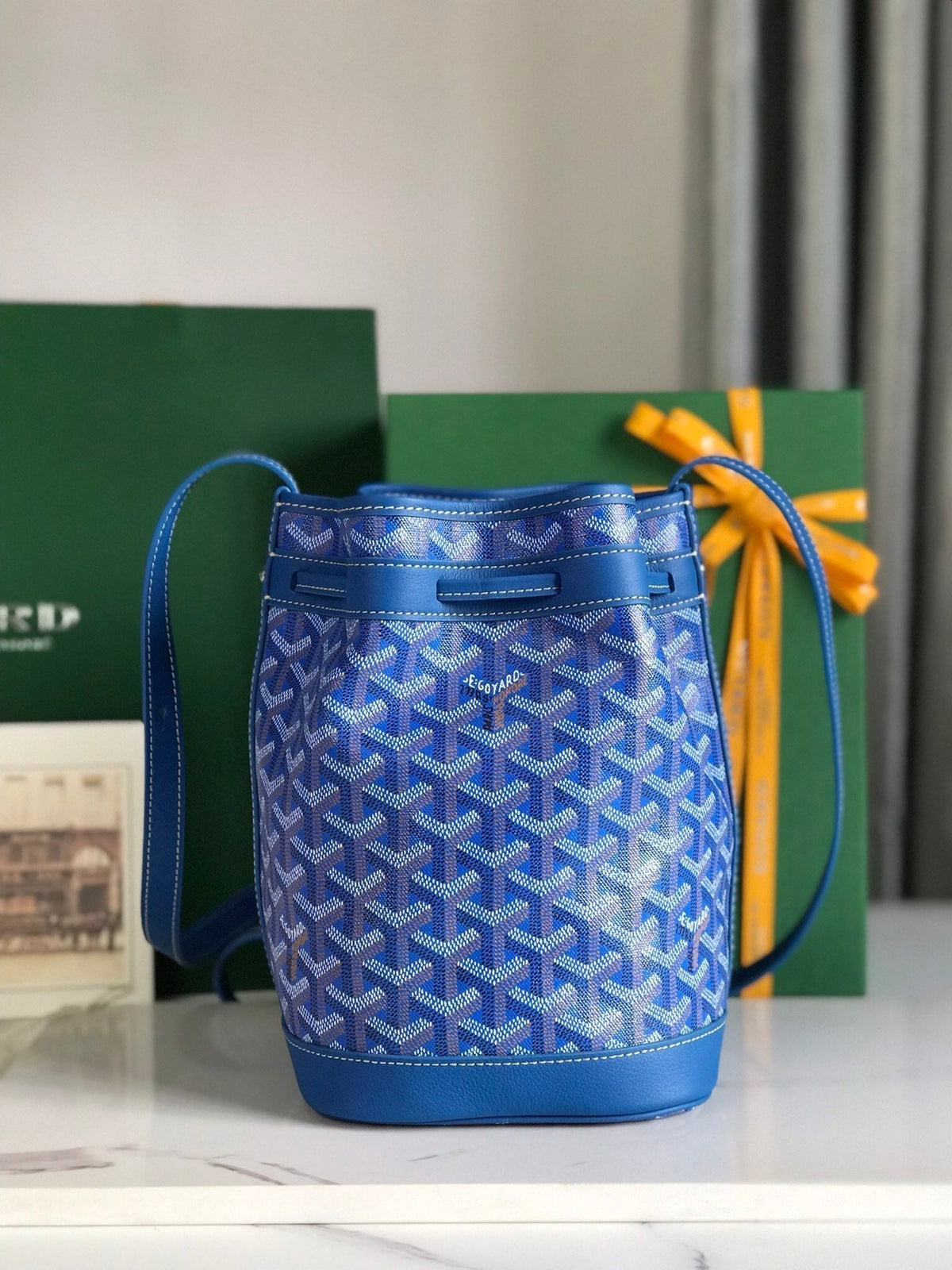 Goyard Petit Flot Bucket Bag 22 in Sapphire Blue Goyardine Canvas and Lambskin Trim