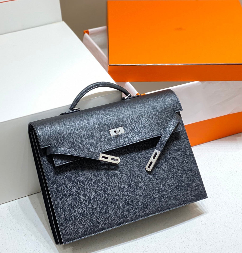Hermes Kelly Depeches 38 Briefcase in Black Togo Calfskin Silver Hardware Bag