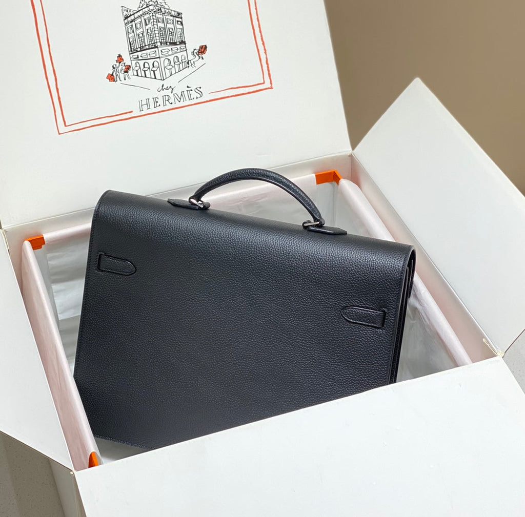 Hermes Kelly Depeches 38 Briefcase in Black Togo Calfskin Silver Hardware Bag
