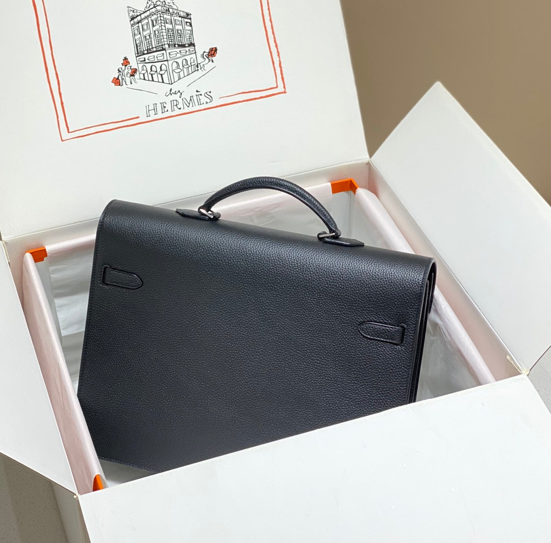 Hermes Kelly Depeches 38 Briefcase in Black Togo Calfskin Silver Hardware Bag
