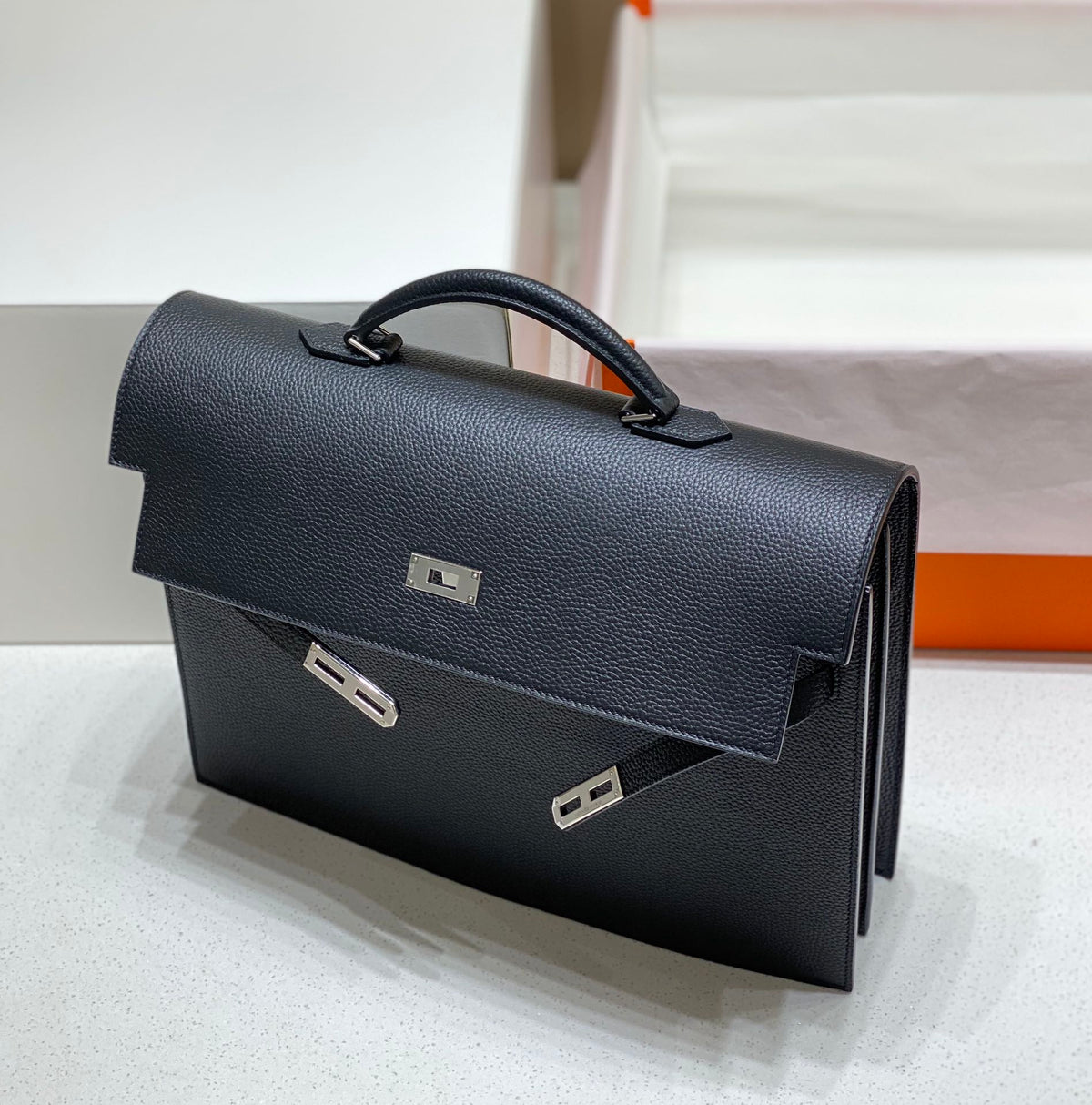 Hermes Kelly Depeches 38 Briefcase in Black Togo Calfskin Silver Hardware Bag