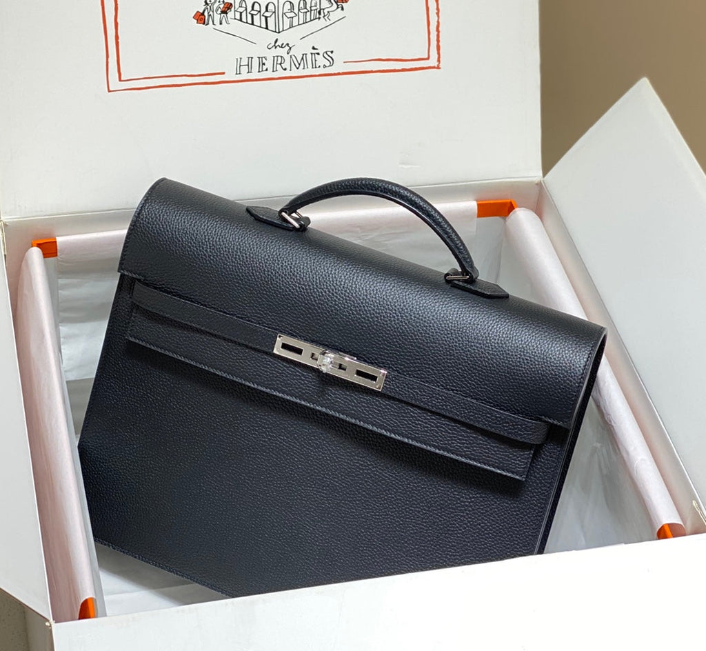 Hermes Kelly Depeches 38 Briefcase in Black Togo Calfskin Silver Hardware Bag