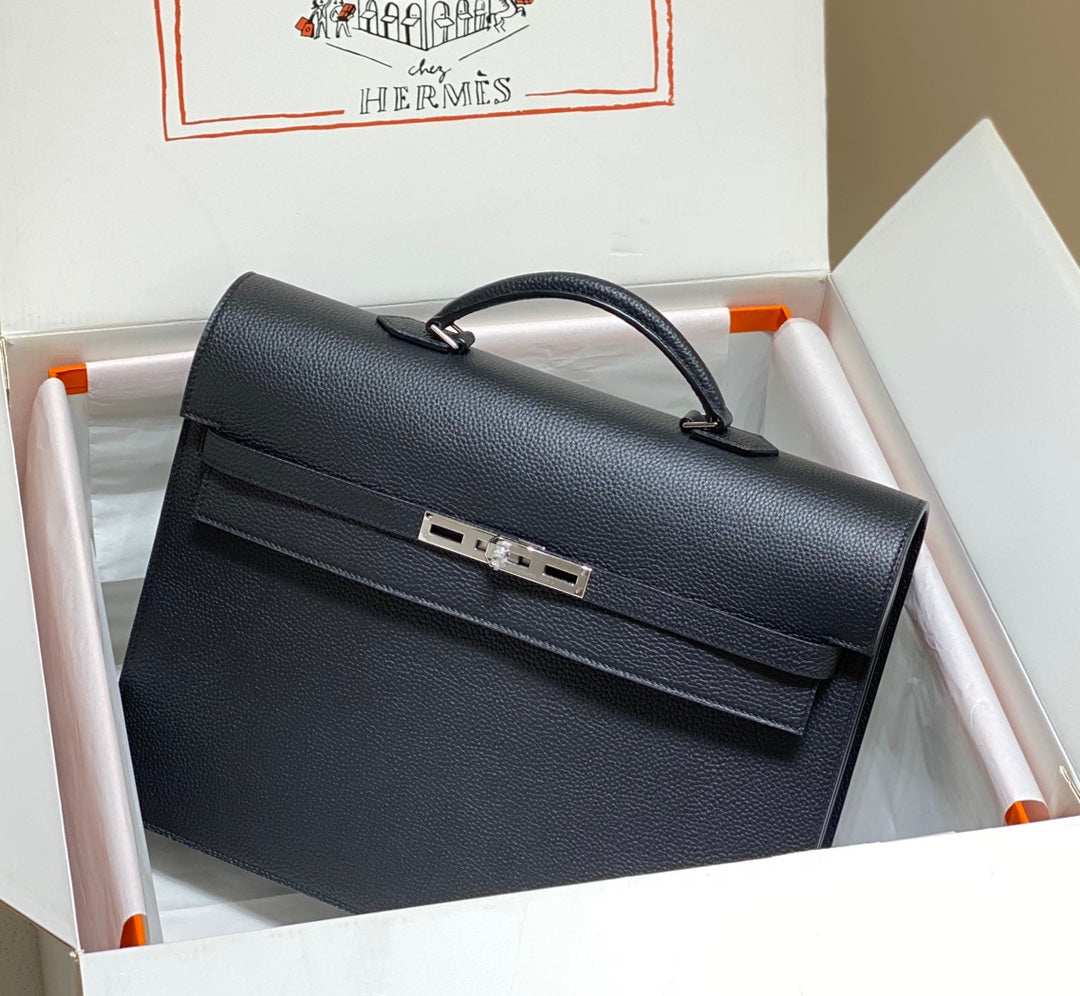 Hermes Kelly Depeches 38 Briefcase in Black Togo Calfskin Silver Hardware Bag