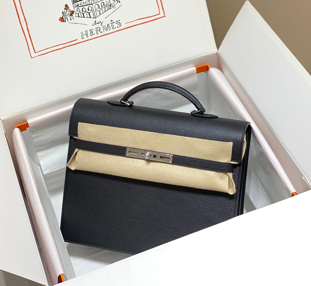 Hermes Kelly Depeches 34 Briefcase in Black Togo Calfskin Silver Hardware Bag