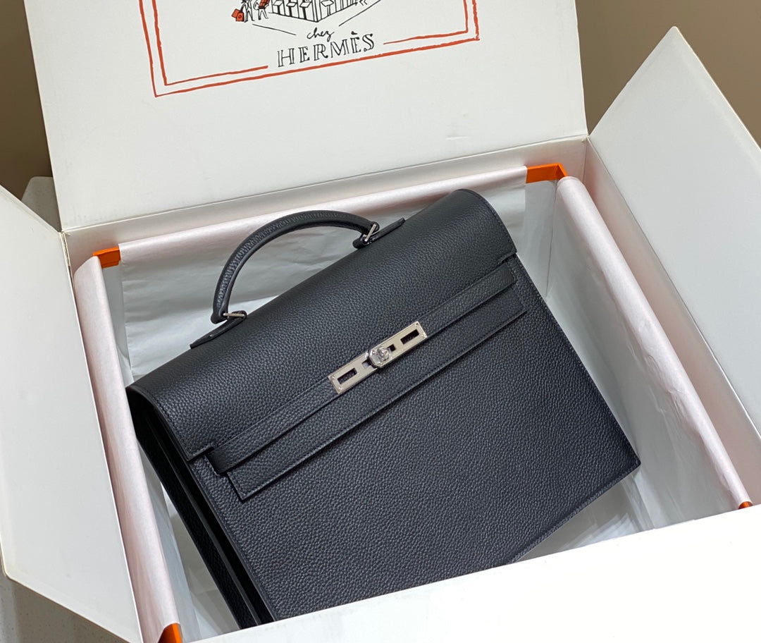 Hermes Kelly Depeches 34 Briefcase in Black Togo Calfskin Silver Hardware Bag