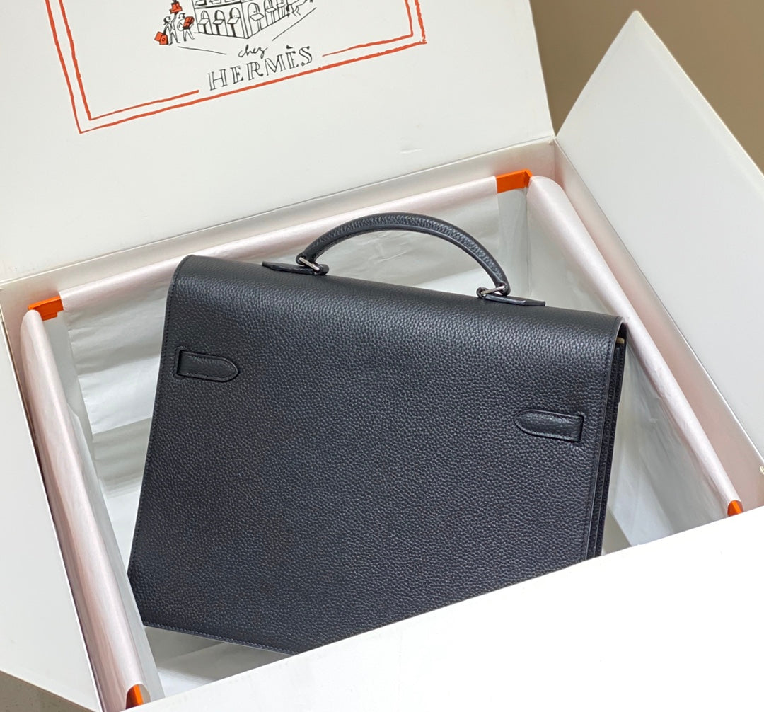 Hermes Kelly Depeches 34 Briefcase in Black Togo Calfskin Silver Hardware Bag