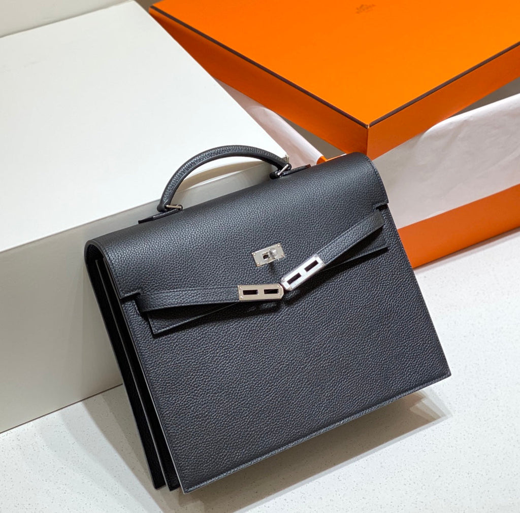 Hermes Kelly Depeches 34 Briefcase in Black Togo Calfskin Silver Hardware Bag