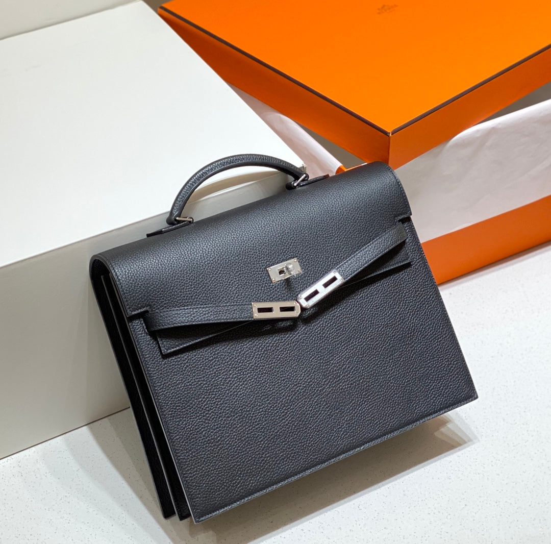 Hermes Kelly Depeches 34 Briefcase in Black Togo Calfskin Silver Hardware Bag
