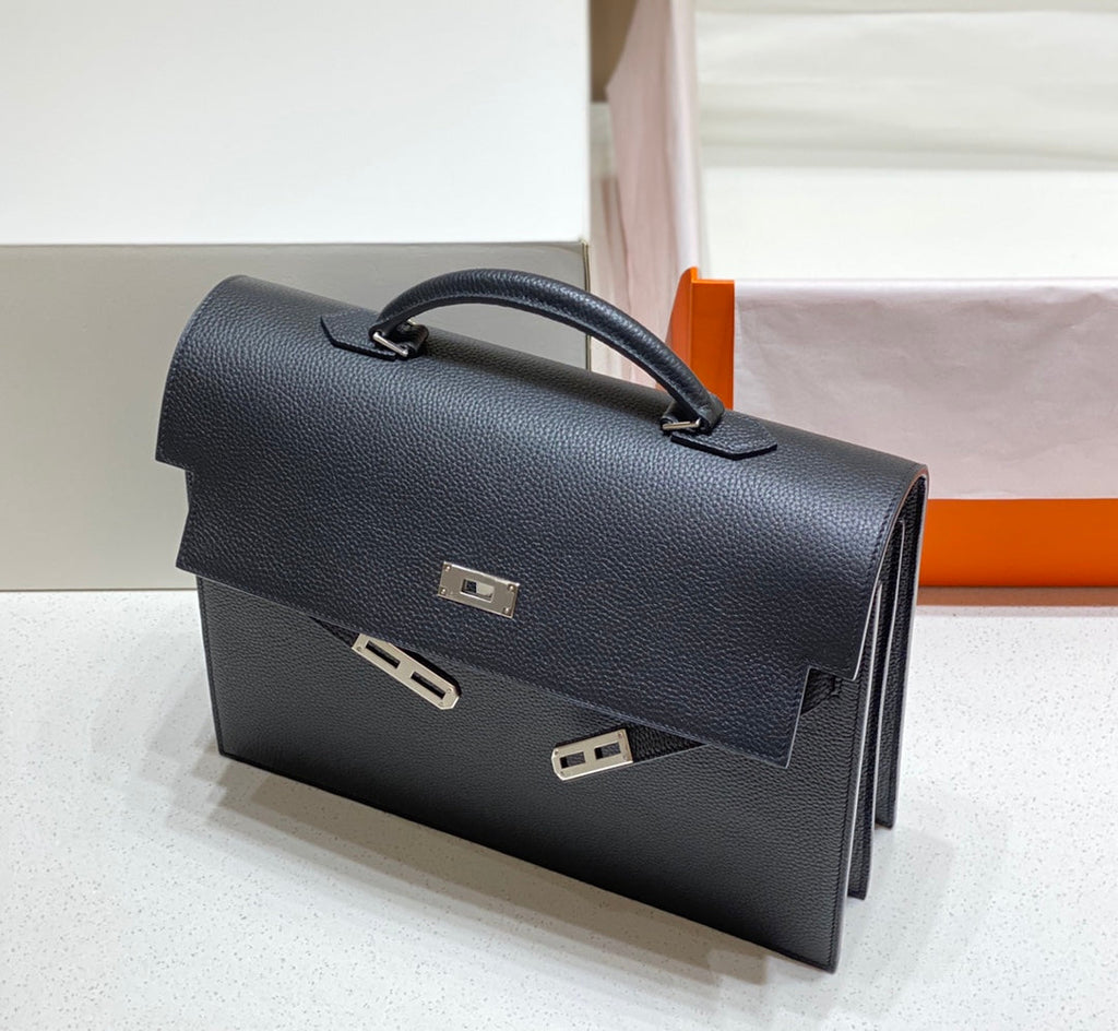 Hermes Kelly Depeches 34 Briefcase in Black Togo Calfskin Silver Hardware Bag