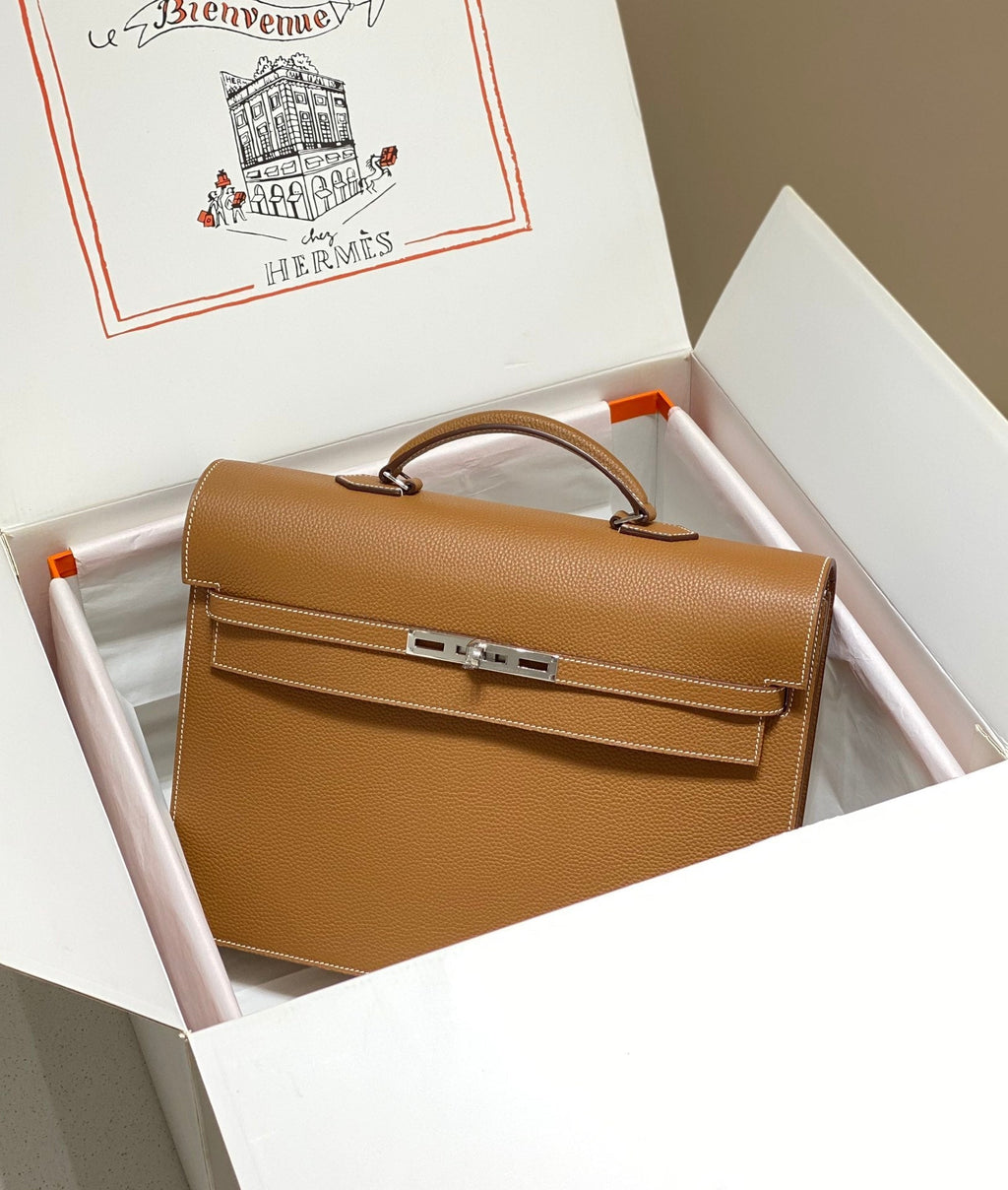 Hermes Kelly Depeches 38 Briefcase in Gold Togo Calfskin Silver Hardware Bag