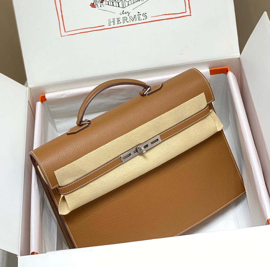 Hermes Kelly Depeches 38 Briefcase in Gold Togo Calfskin Silver Hardware Bag