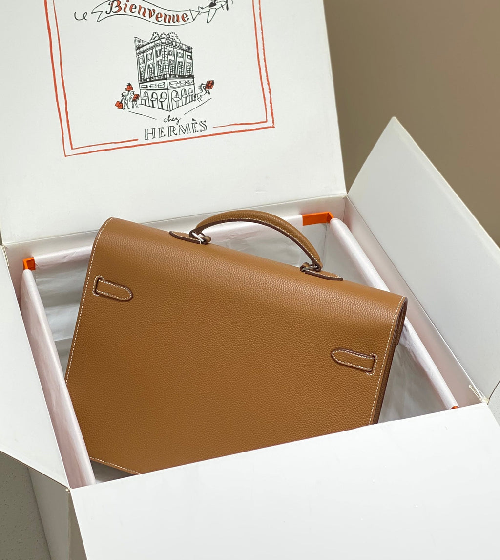 Hermes Kelly Depeches 38 Briefcase in Gold Togo Calfskin Silver Hardware Bag