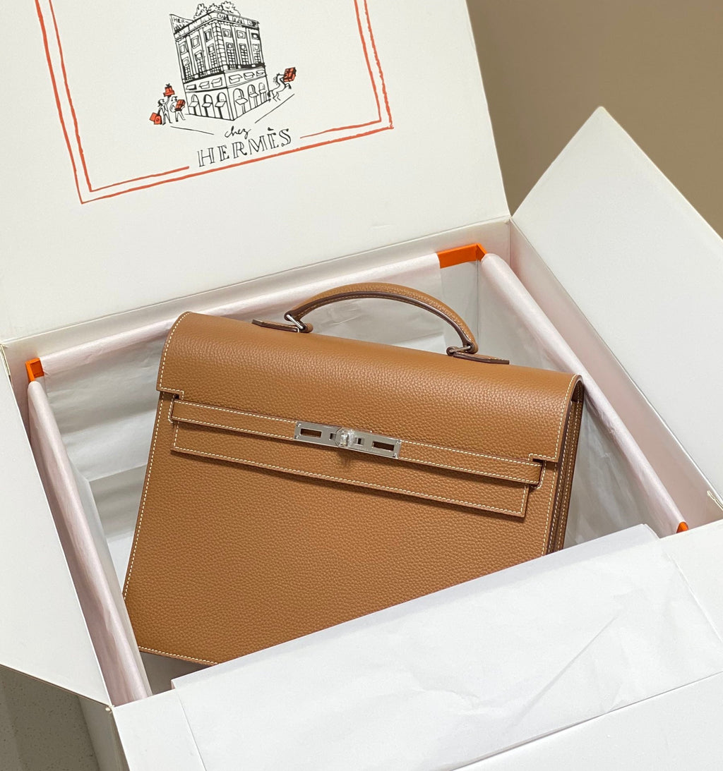 Hermes Kelly Depeches 34 Briefcase in Gold Togo Calfskin Silver Hardware Bag