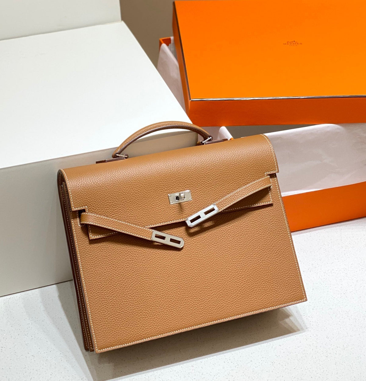 Hermes Kelly Depeches 34 Briefcase in Gold Togo Calfskin Silver Hardware Bag