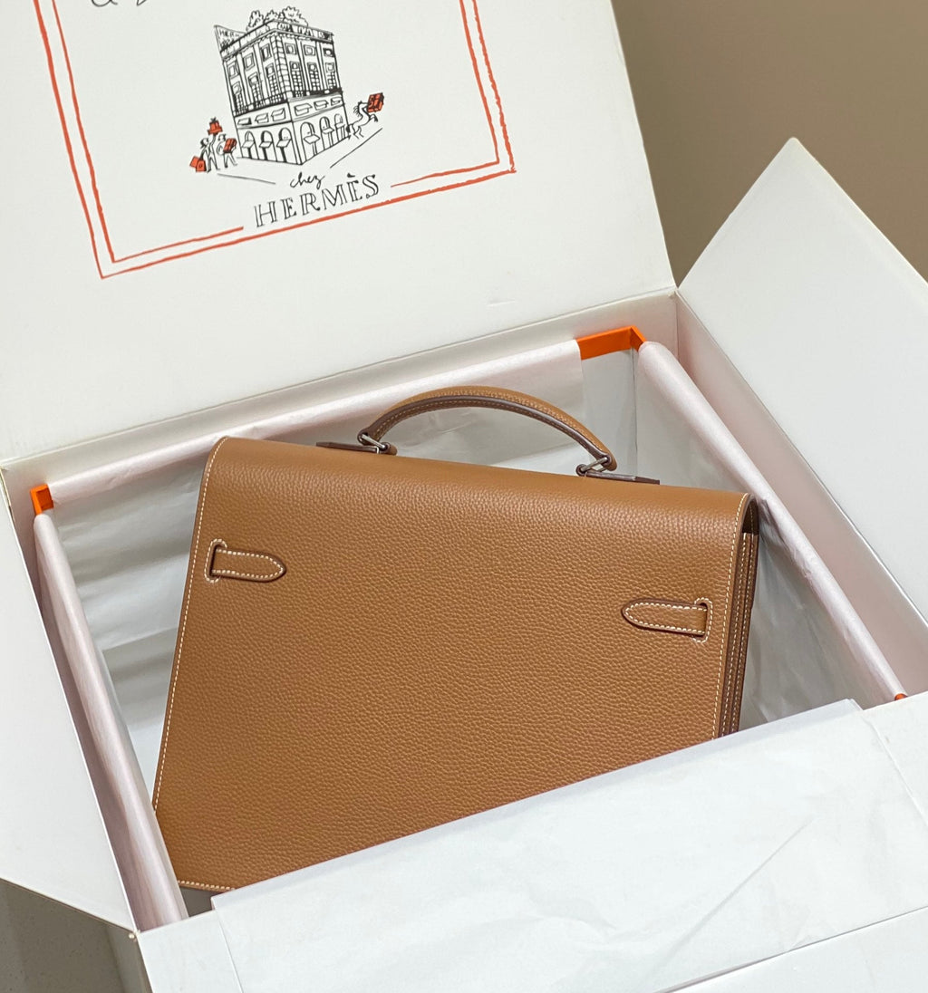 Hermes Kelly Depeches 34 Briefcase in Gold Togo Calfskin Silver Hardware Bag