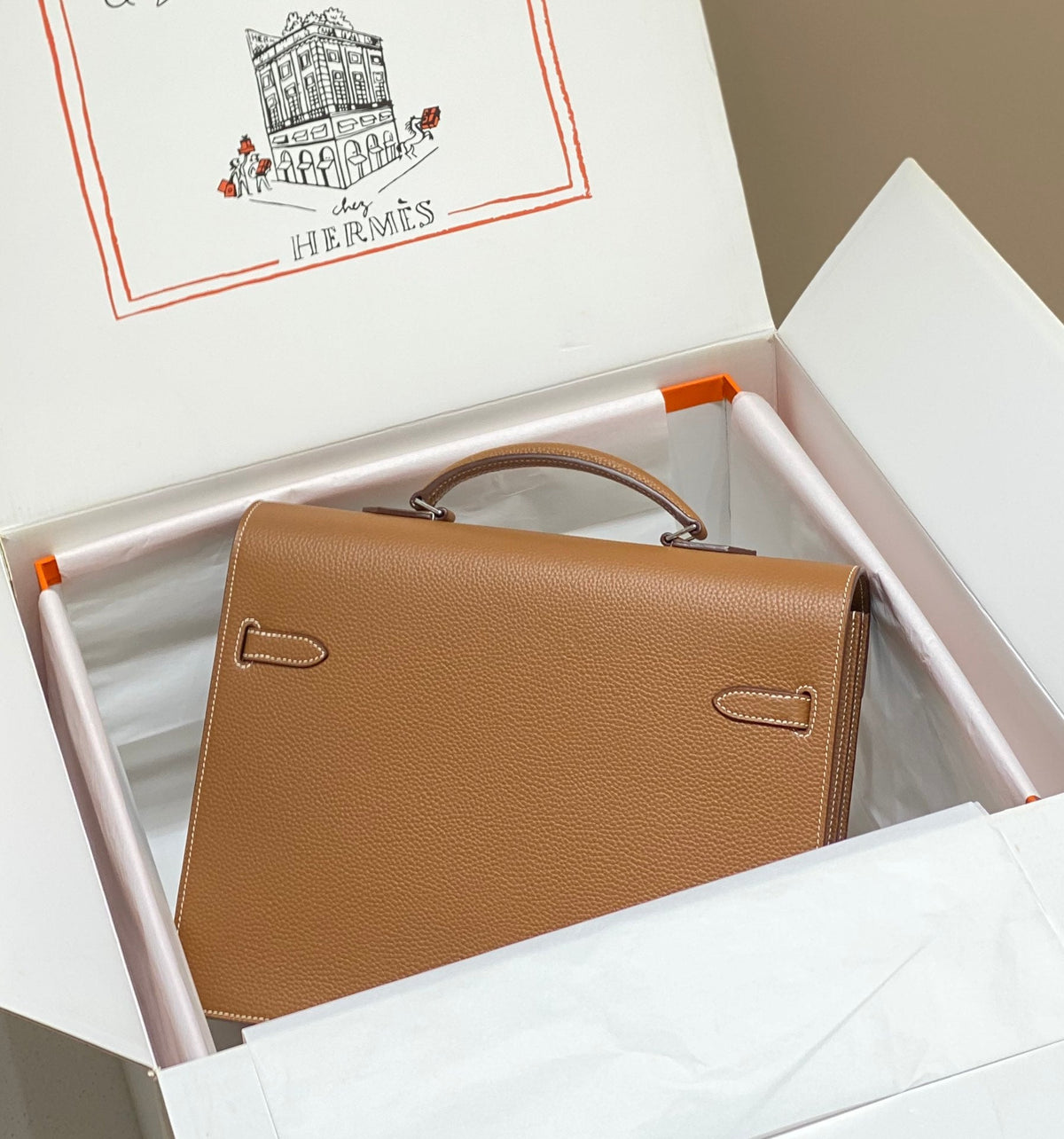 Hermes Kelly Depeches 34 Briefcase in Gold Togo Calfskin Silver Hardware Bag