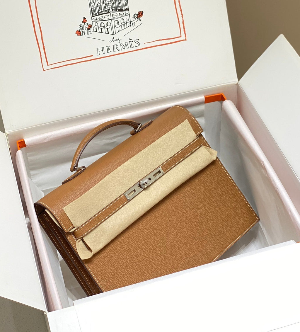 Hermes Kelly Depeches 34 Briefcase in Gold Togo Calfskin Silver Hardware Bag