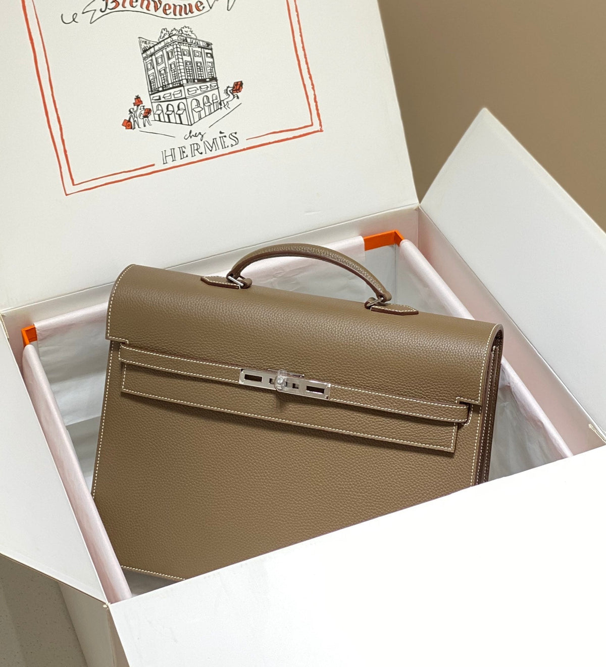 Hermes Kelly Depeches 38 Briefcase in Etoupe Togo Calfskin Silver Hardware Bag