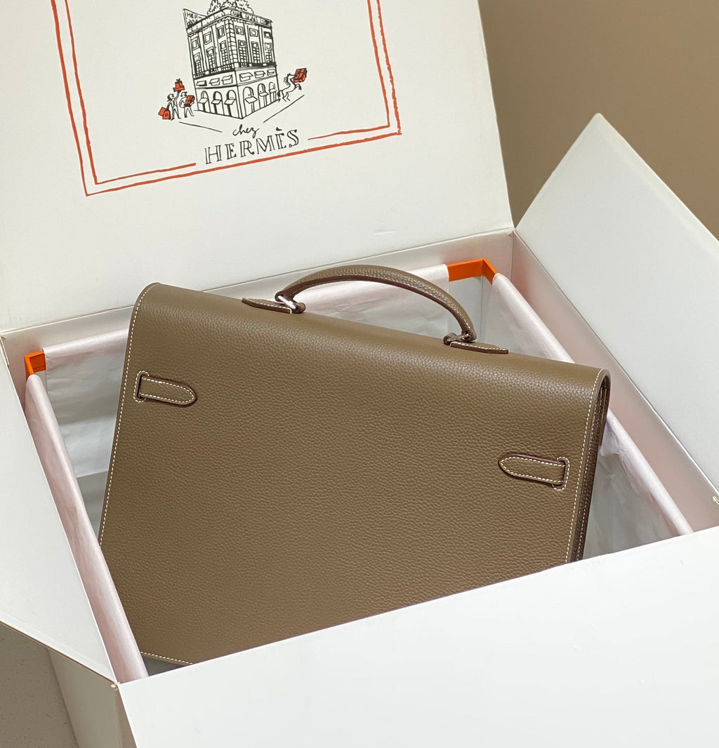 Hermes Kelly Depeches 38 Briefcase in Etoupe Togo Calfskin Silver Hardware Bag