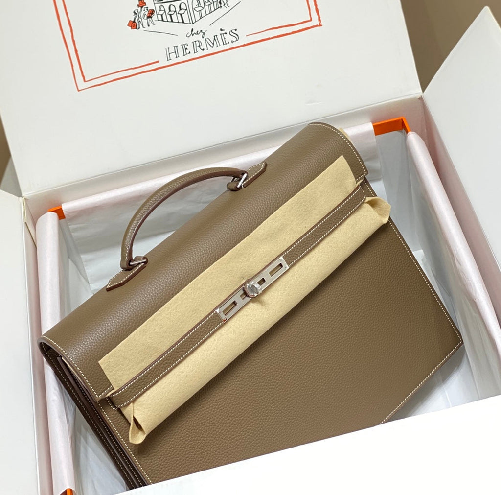 Hermes Kelly Depeches 38 Briefcase in Etoupe Togo Calfskin Silver Hardware Bag