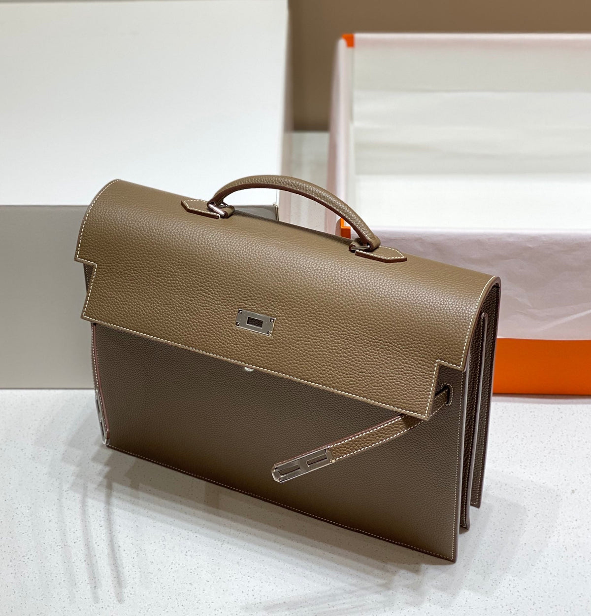 Hermes Kelly Depeches 38 Briefcase in Etoupe Togo Calfskin Silver Hardware Bag