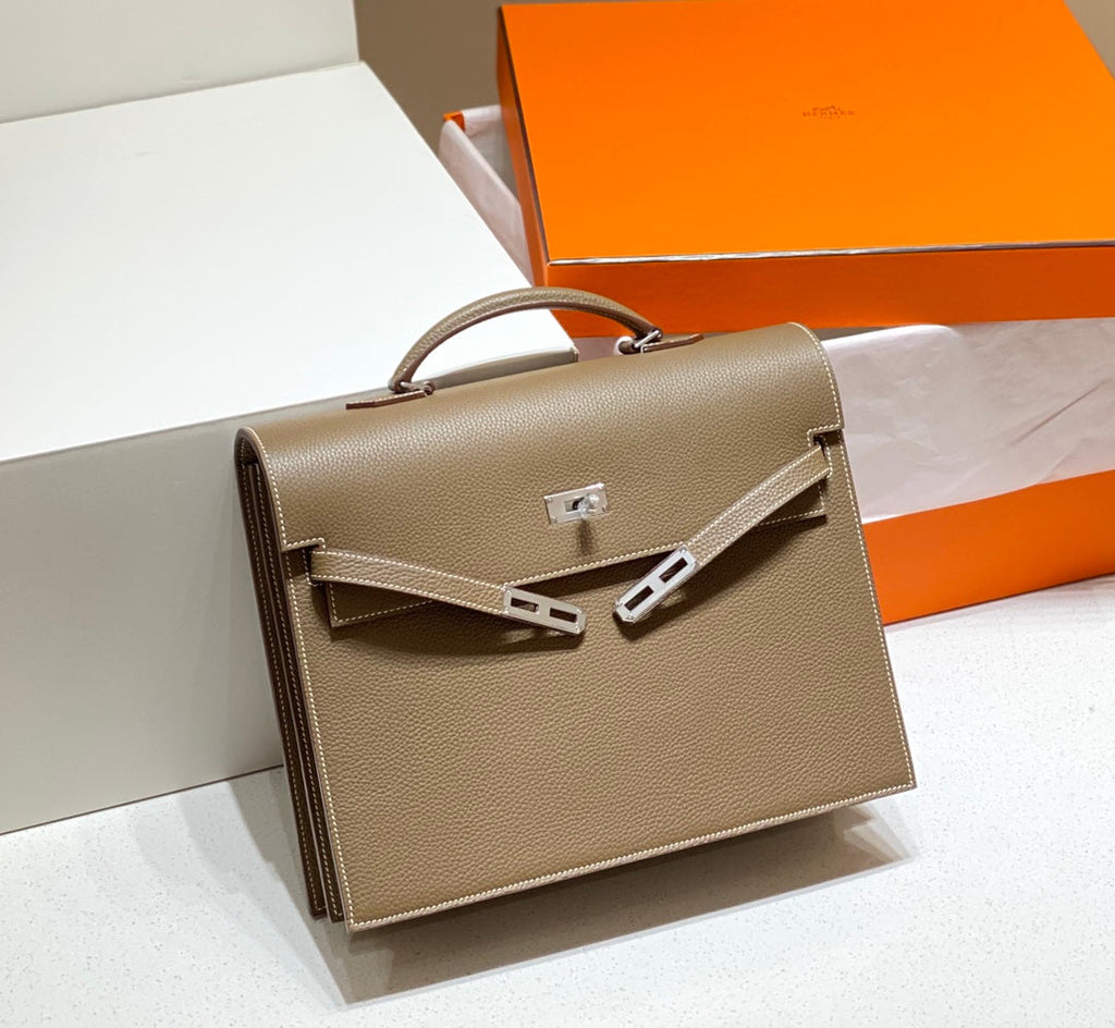 Hermes Kelly Depeches 34 Briefcase in Etoupe Togo Calfskin Silver Hardware Bag
