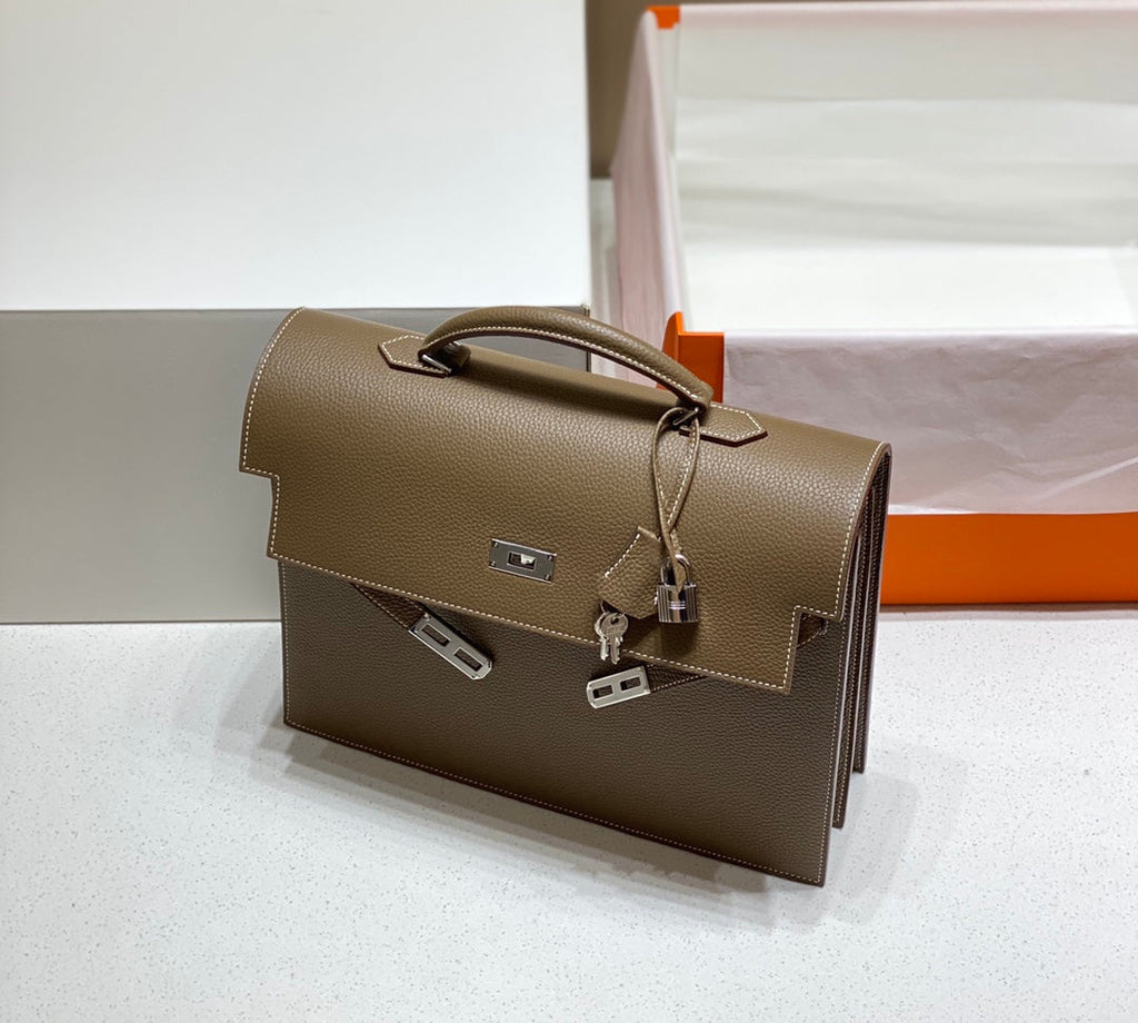 Hermes Kelly Depeches 34 Briefcase in Etoupe Togo Calfskin Silver Hardware Bag