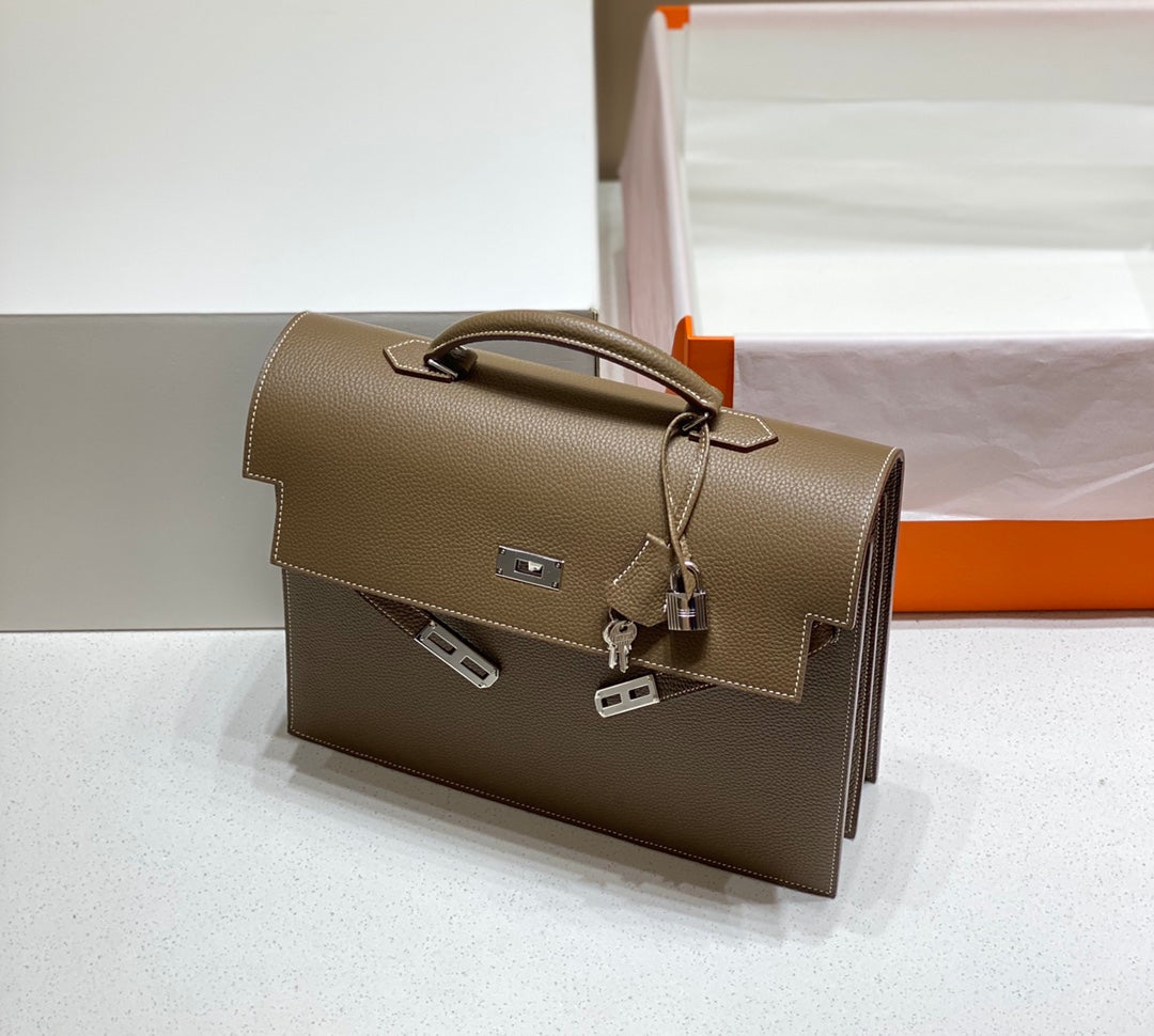 Hermes Kelly Depeches 34 Briefcase in Etoupe Togo Calfskin Silver Hardware Bag