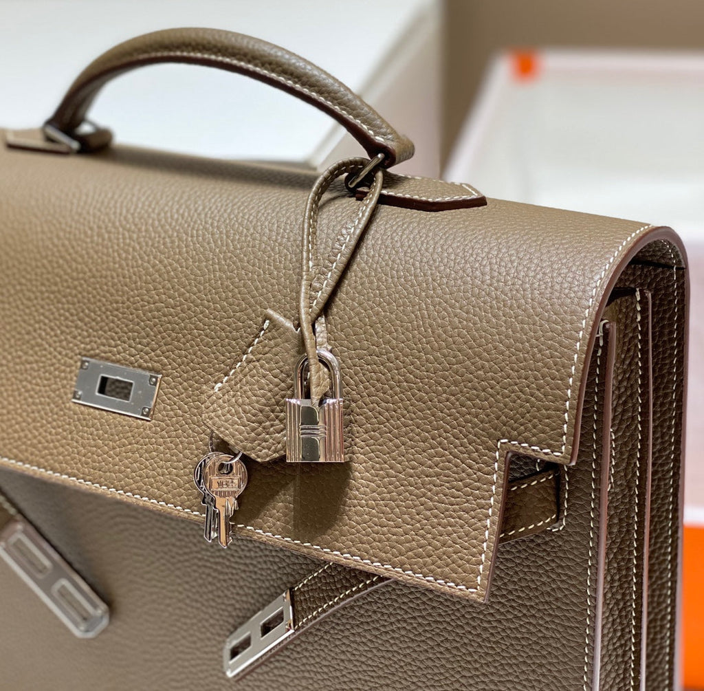 Hermes Kelly Depeches 34 Briefcase in Etoupe Togo Calfskin Silver Hardware Bag